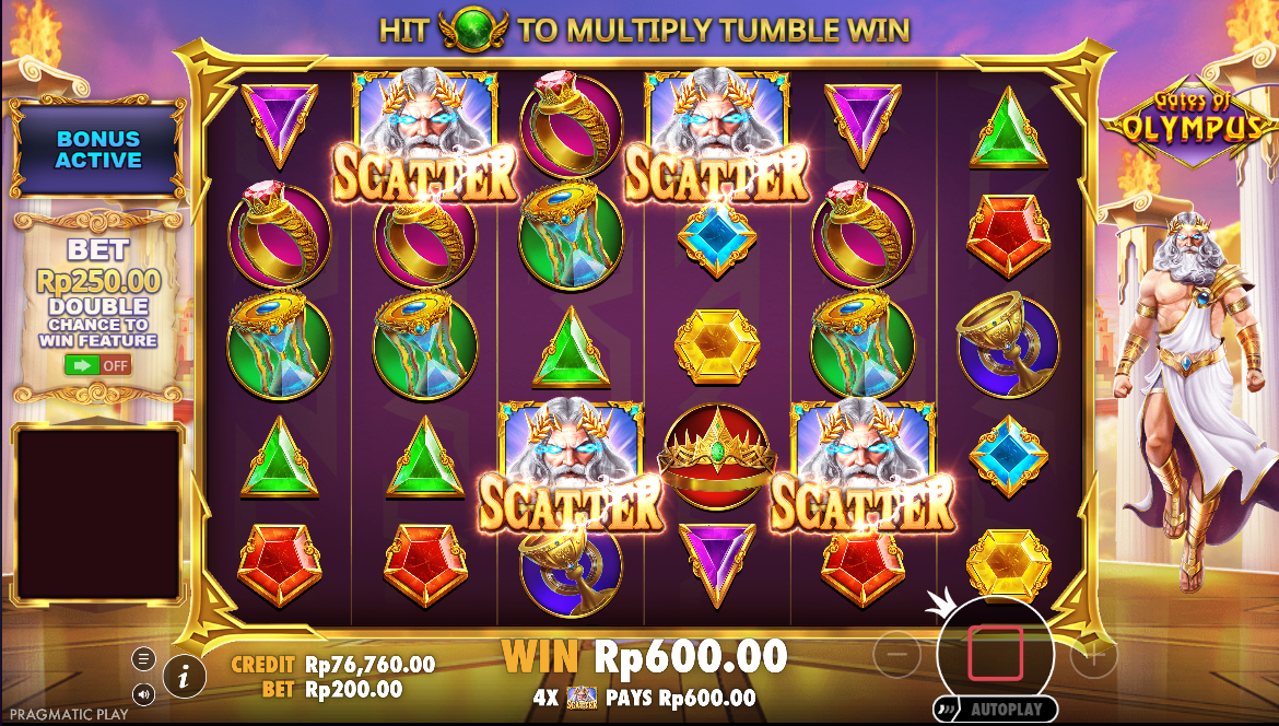 Zeus slot getting scatter and activating free spins in Indonesian rupiah